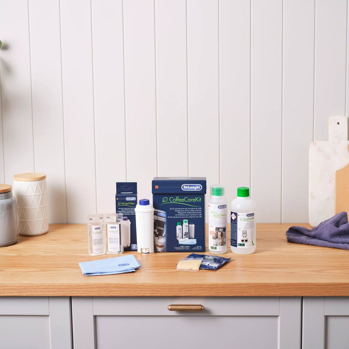 De'Longhi Coffee Care Kit contents on a kitchen bench