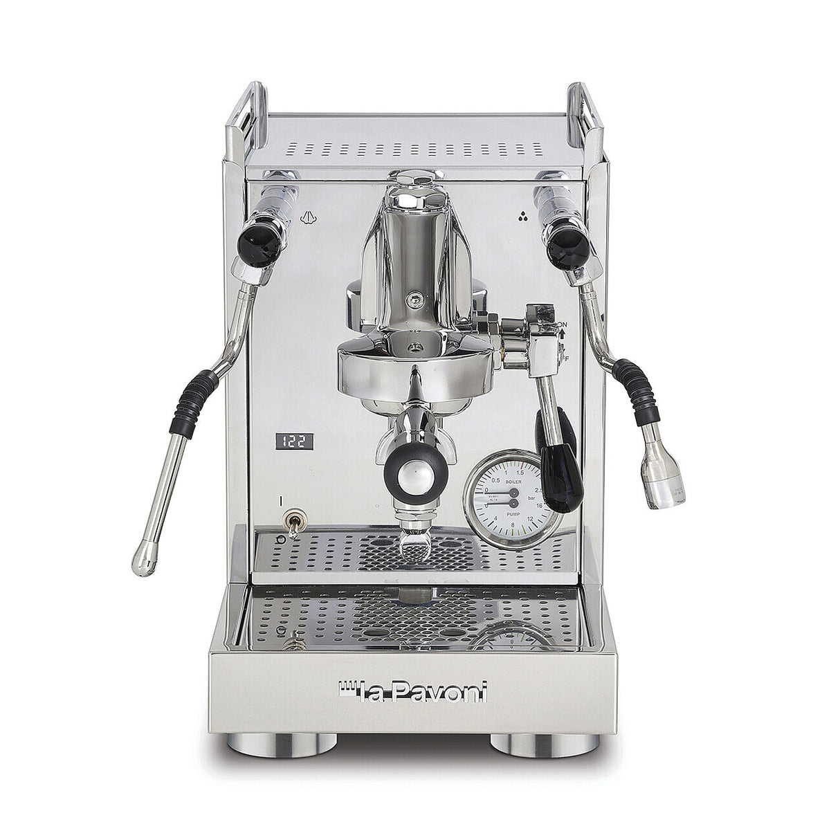 La Pavoni Cellini Mini X front view — E61 group, PID display and double-scale gauge