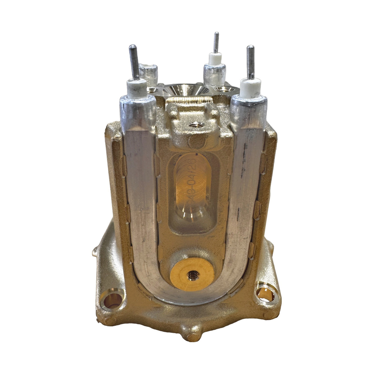 Side of the Gaggia Classic brass boiler showing the U-shaped heating element