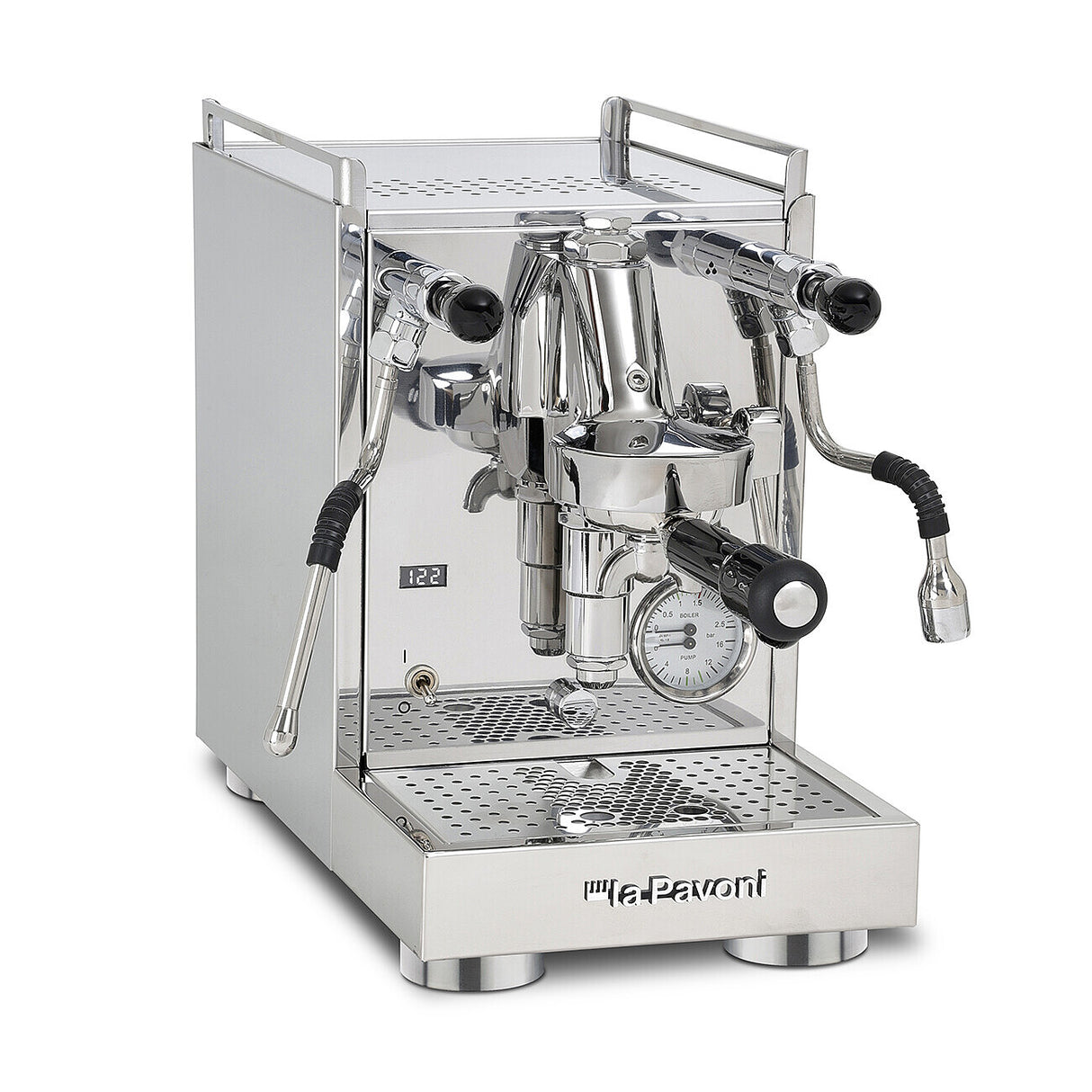 La Pavoni Cellini Mini X espresso machine in stainless steel — three-quarter view