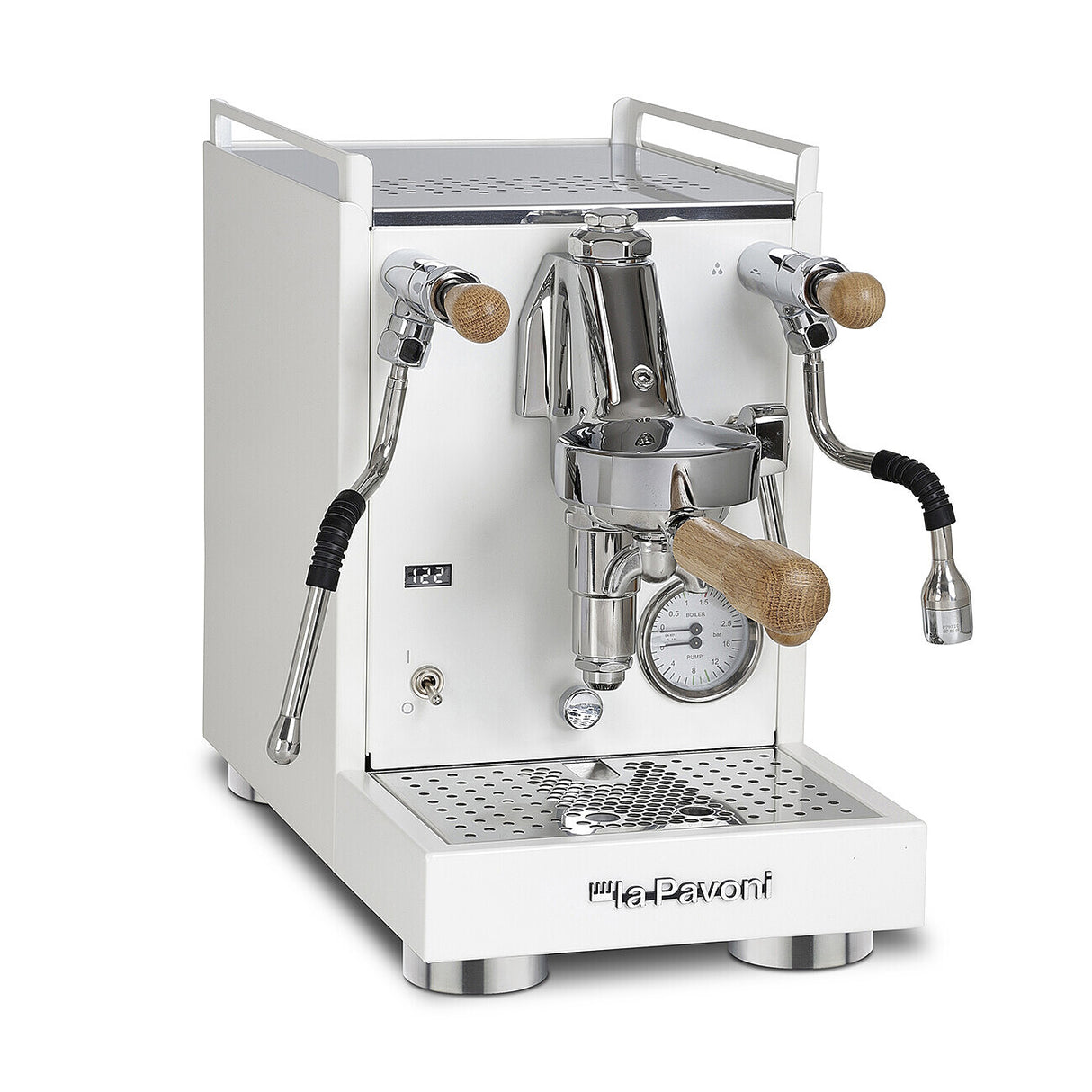 La Pavoni Cellini Mini X espresso machine in white with oak fittings — three-quarter view