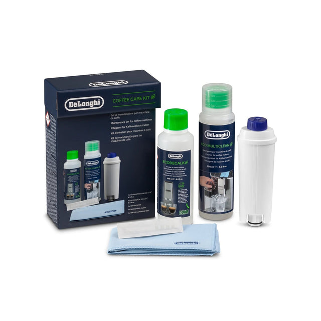 De'Longhi Coffee Care Kit DLSC306 box with water filter, EcoDecalk descaler, Eco MultiClean, microfibre cloth and hardness test strip