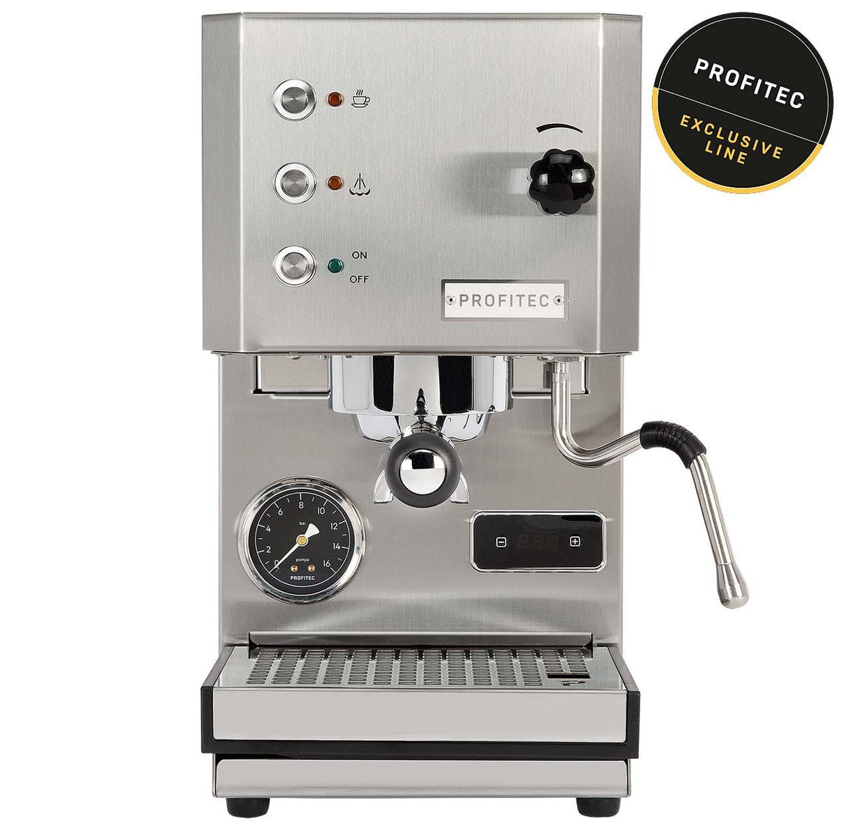 Stainless steel espresso machine with control panel and lever on a white background, featuring the Profitec brand.