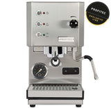 Stainless steel espresso machine with control panel and lever on a white background, featuring the Profitec brand.