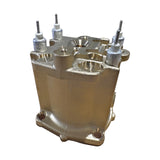 Gaggia Classic brass boiler 642001010420 seen from above at an angle, showing the top ports and heating element terminals
