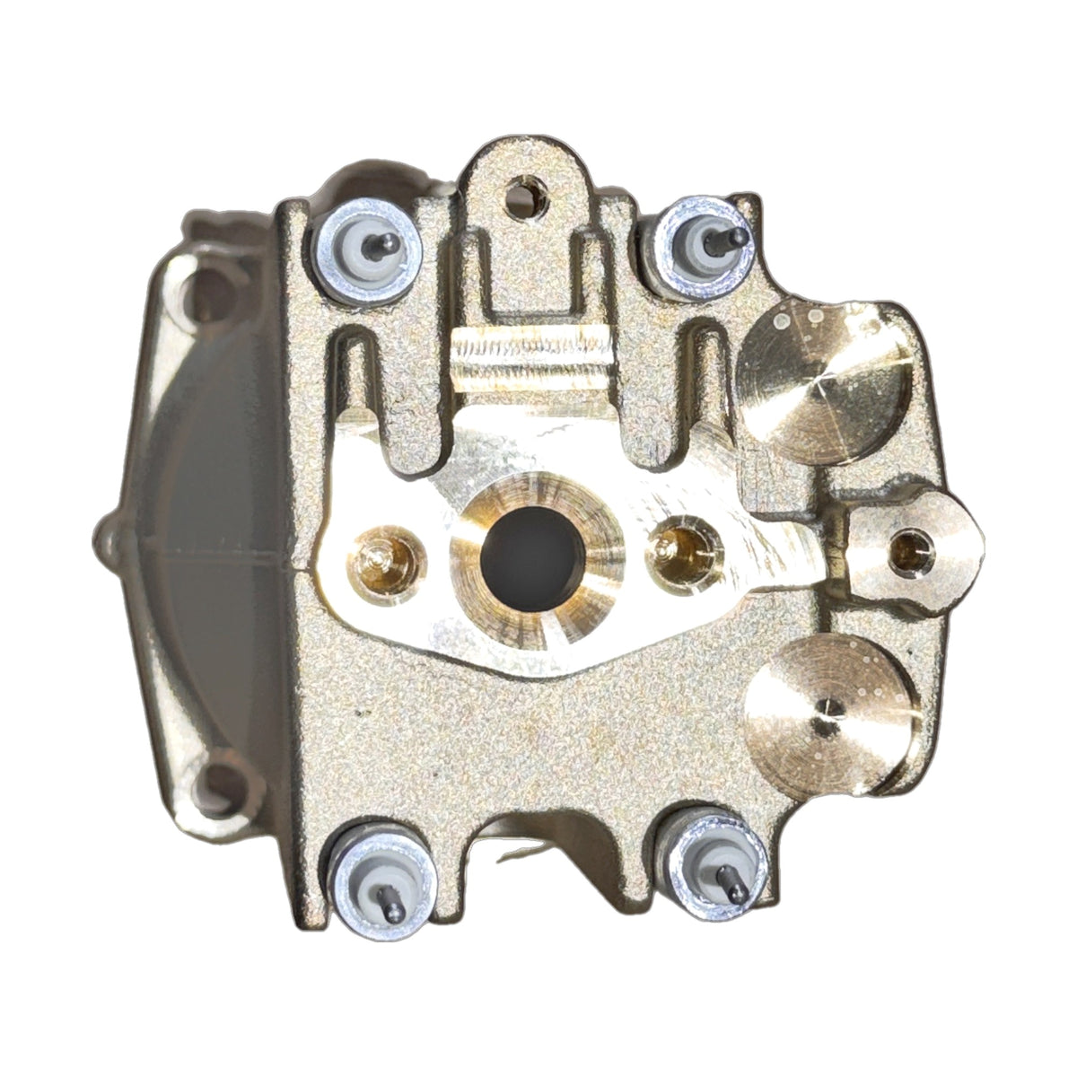 Top view of the Gaggia Classic brass boiler showing the ports and four terminals