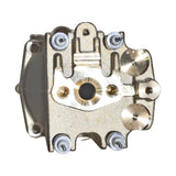 Top view of the Gaggia Classic brass boiler showing the ports and four terminals