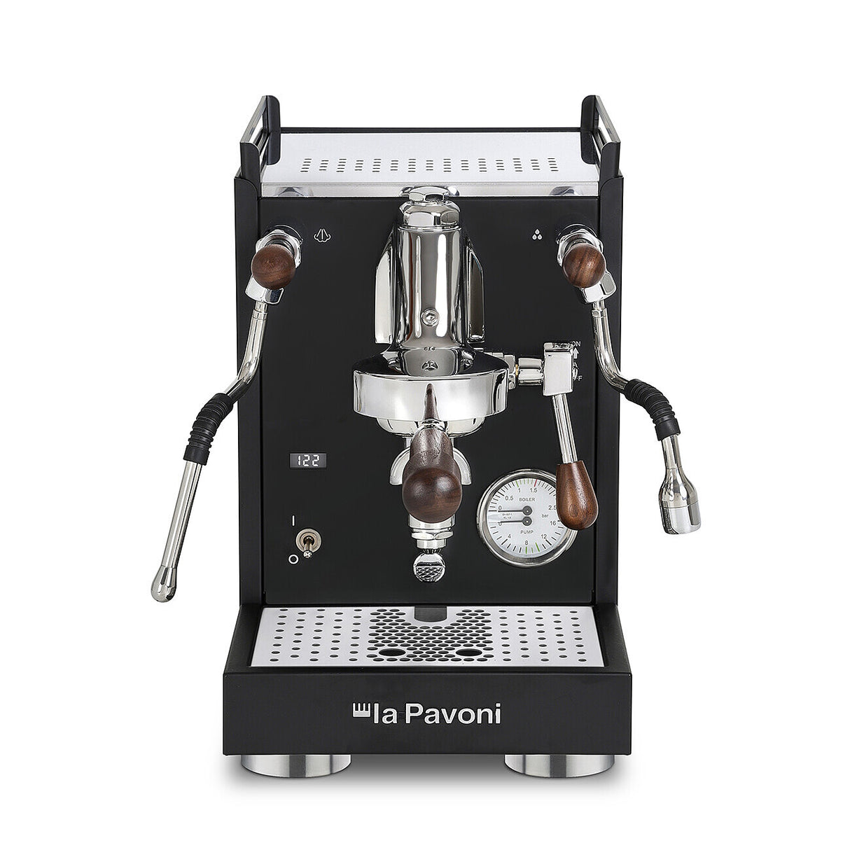 La Pavoni Cellini Mini X black with walnut — front view with E61 group and gauge