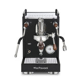La Pavoni Cellini Mini X black with walnut — front view with E61 group and gauge