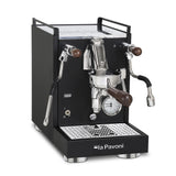 La Pavoni Cellini Mini X espresso machine in black with walnut fittings — three-quarter view