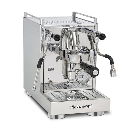La Pavoni Cellini Mini X espresso machine in stainless steel — three-quarter view