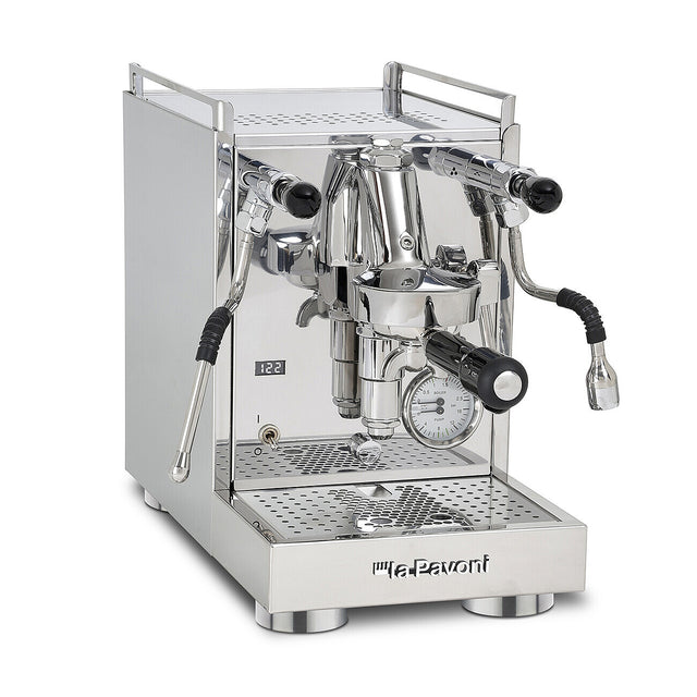 La Pavoni Cellini Mini X espresso machine in stainless steel — three-quarter view