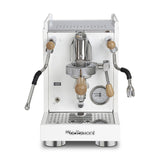 La Pavoni Cellini Mini X white with oak — front view with E61 group and gauge