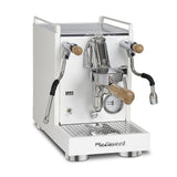 La Pavoni Cellini Mini X espresso machine in white with oak fittings — three-quarter view